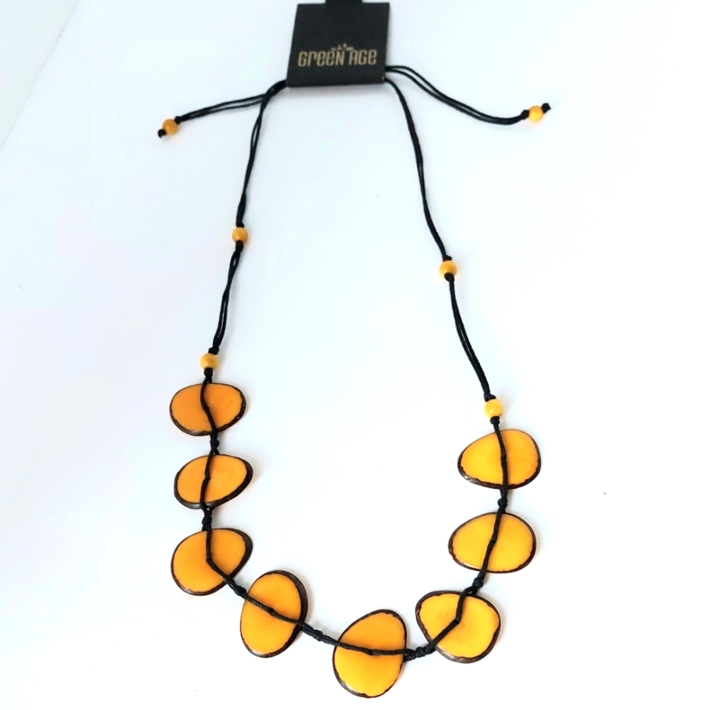 Green Age Golden Colored Tagua Nut style flat bead adjustable cord necklace